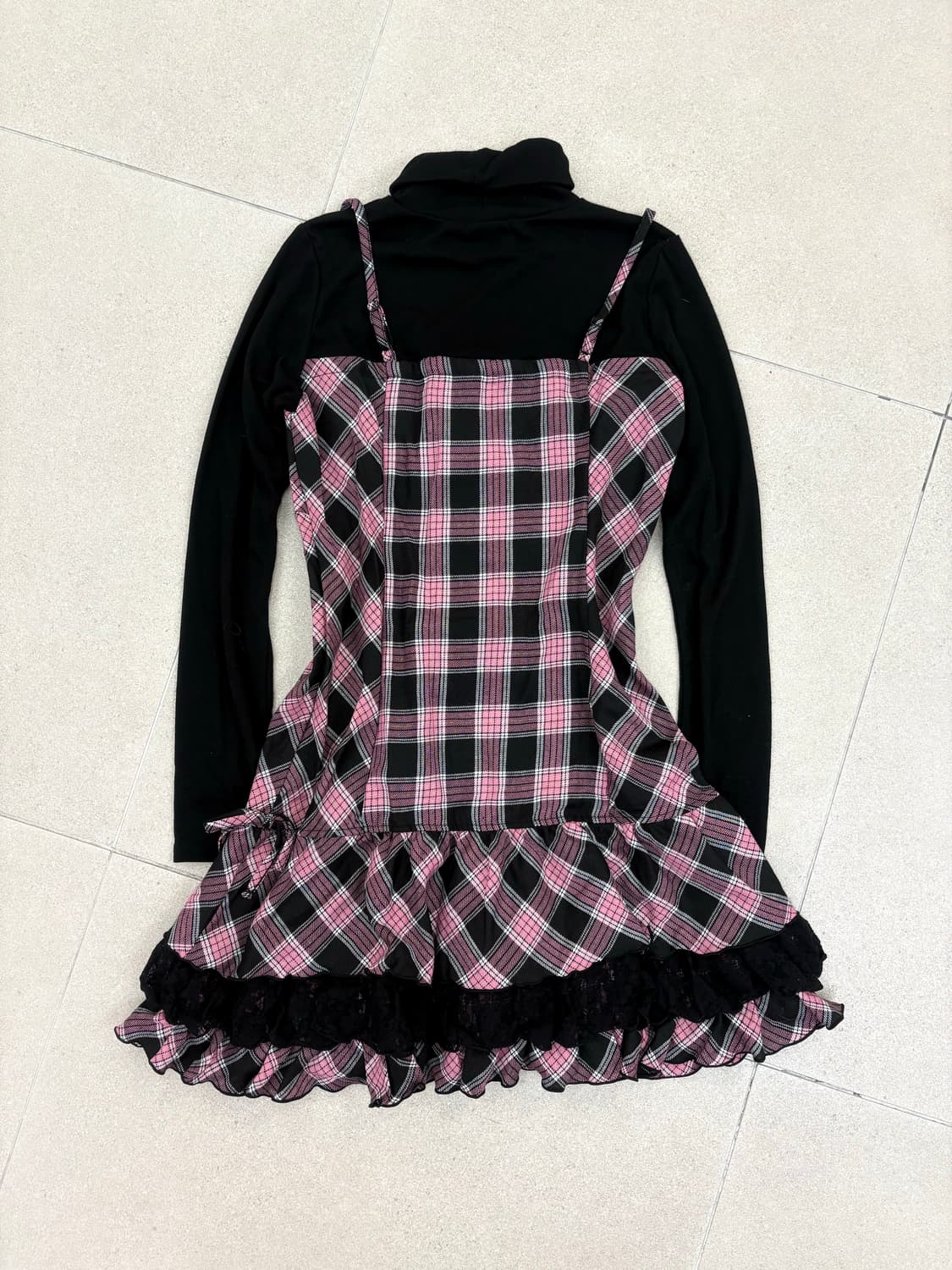 핑크체크 프릴 레이어드 원피스 상품이미지4