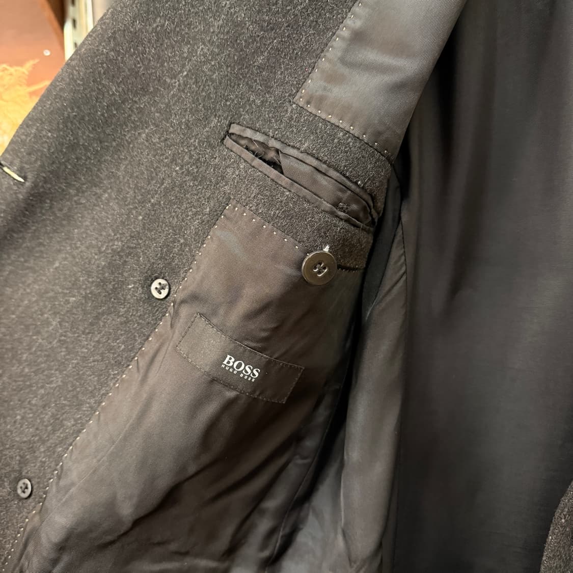 90S 휴고 보스 폴란드생산  블랙 버진울 혼방 스트라이프 코트 상품이미지7