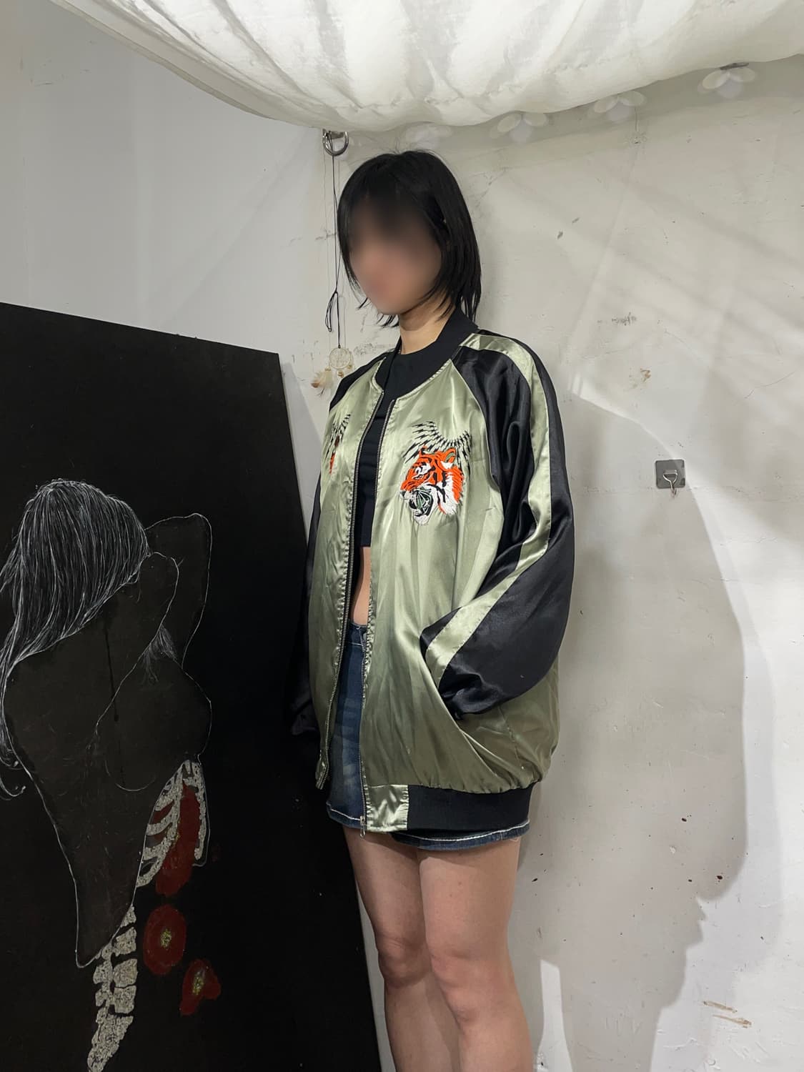 일본빈티지 사틴 호랑이 자수 스카잔 오리엔탈 스카쟌 3XL 상품이미지4