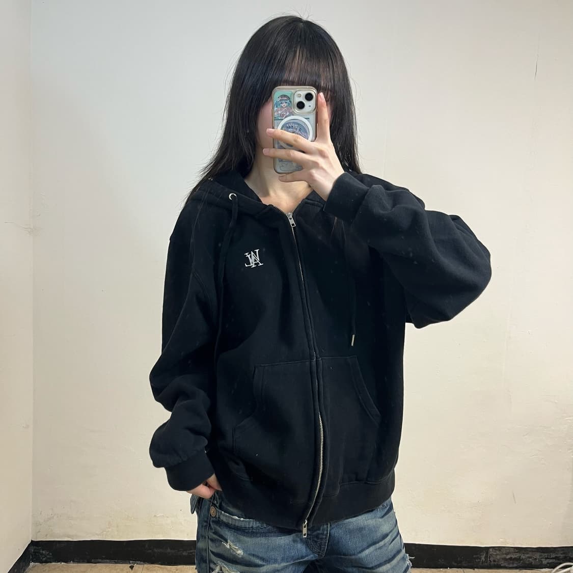 WOOALONG black hoodie zip-up 상품이미지1