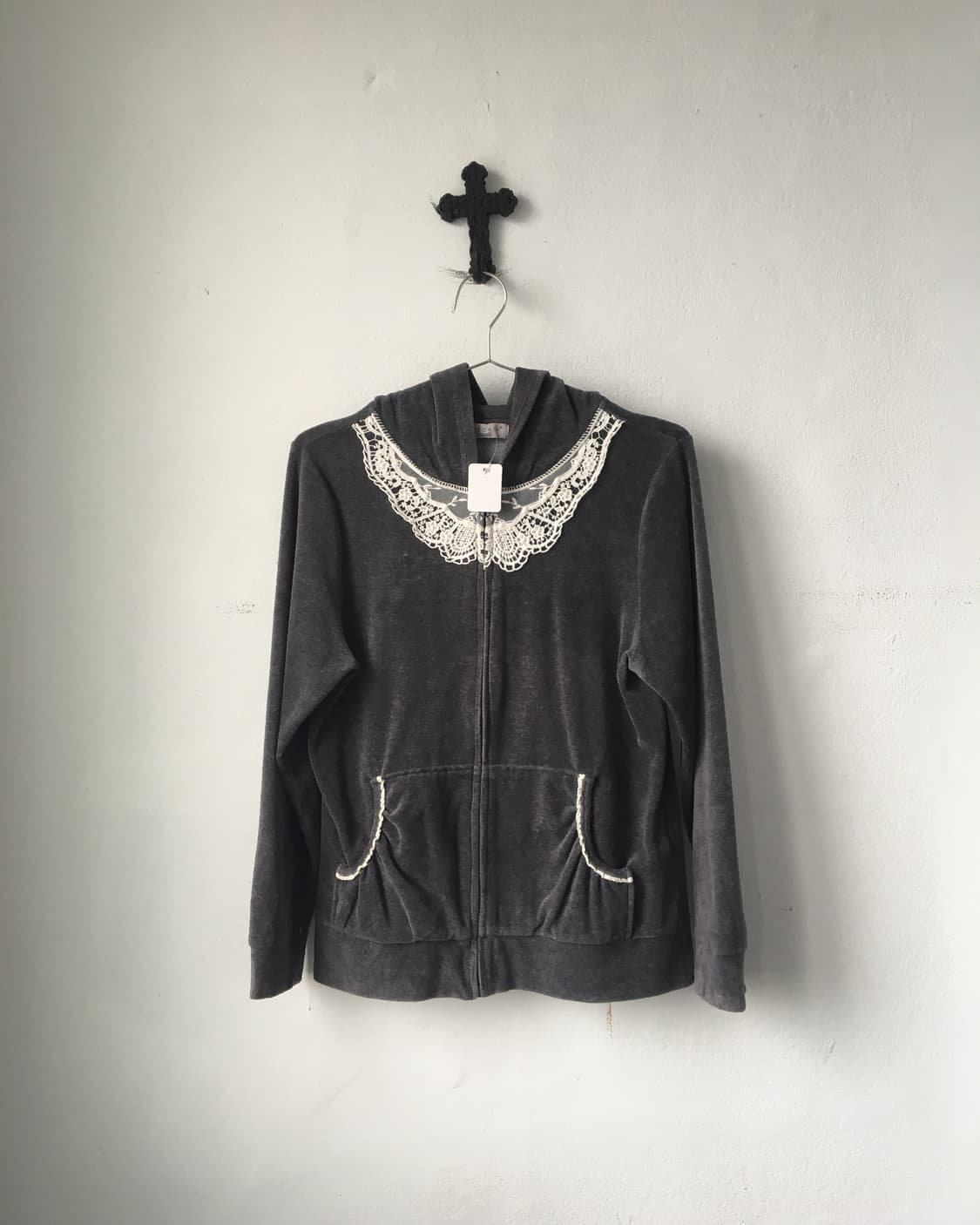 Crochet trimming velvet hood zip up 상품이미지2