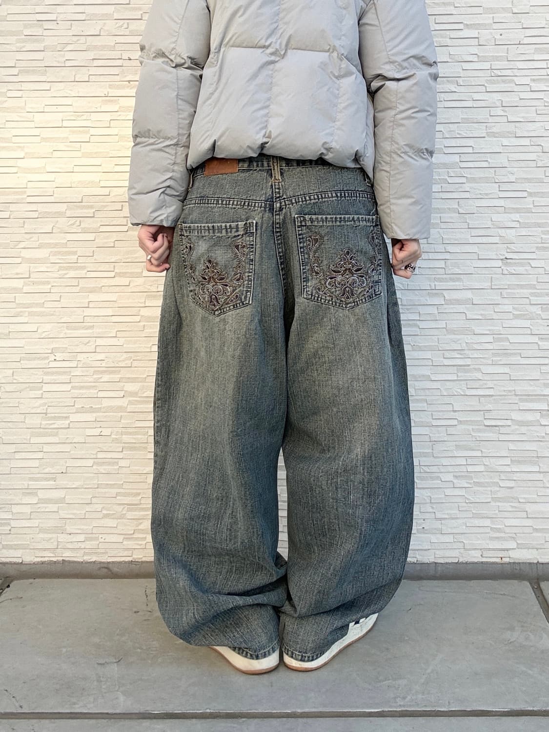 90s EDDIE DOMANI JEANS 올드스쿨 진청 자수 오버 반츠 상품이미지3