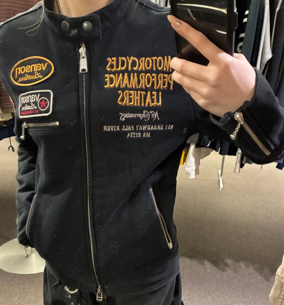 S)밴슨 레더 빈티지 자수 스타 패치 바이커 자켓 상품이미지2