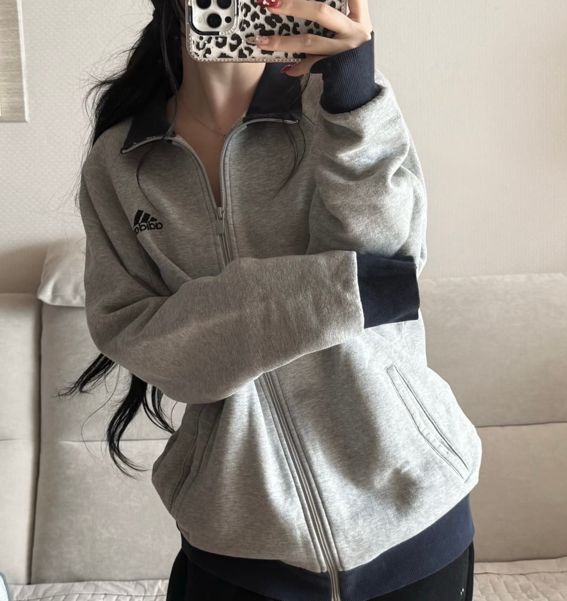 아디다스 배색 네이비 그레이 기모 면집업 상품이미지1