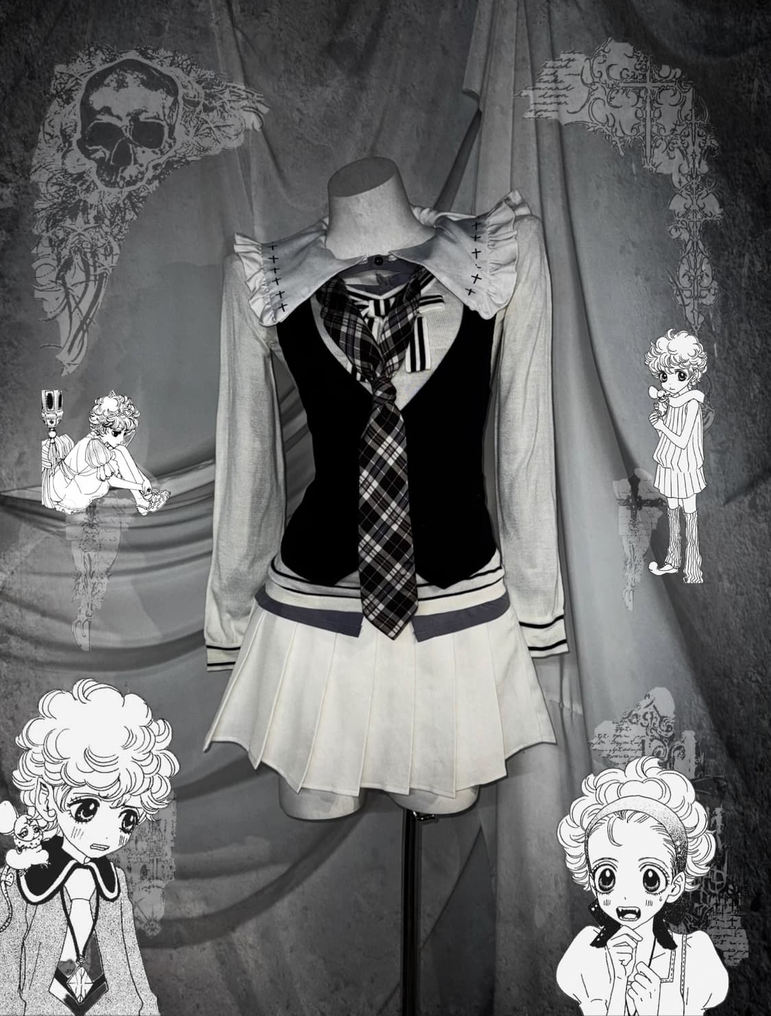 슈가슈가룬깔 화이트 십자가 세일러 체크 프레피 코디세트  상품이미지1