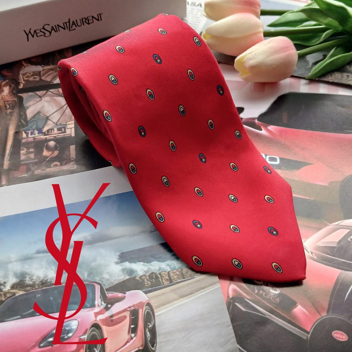 입생로랑 실크 레드 도트 패턴 넥타이 7.8cm B등급 A18500
 상품이미지1