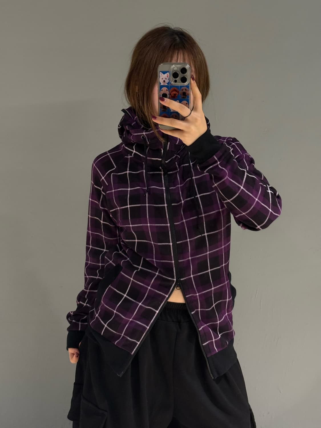 check pattern high-neck hood zip-up 상품이미지1