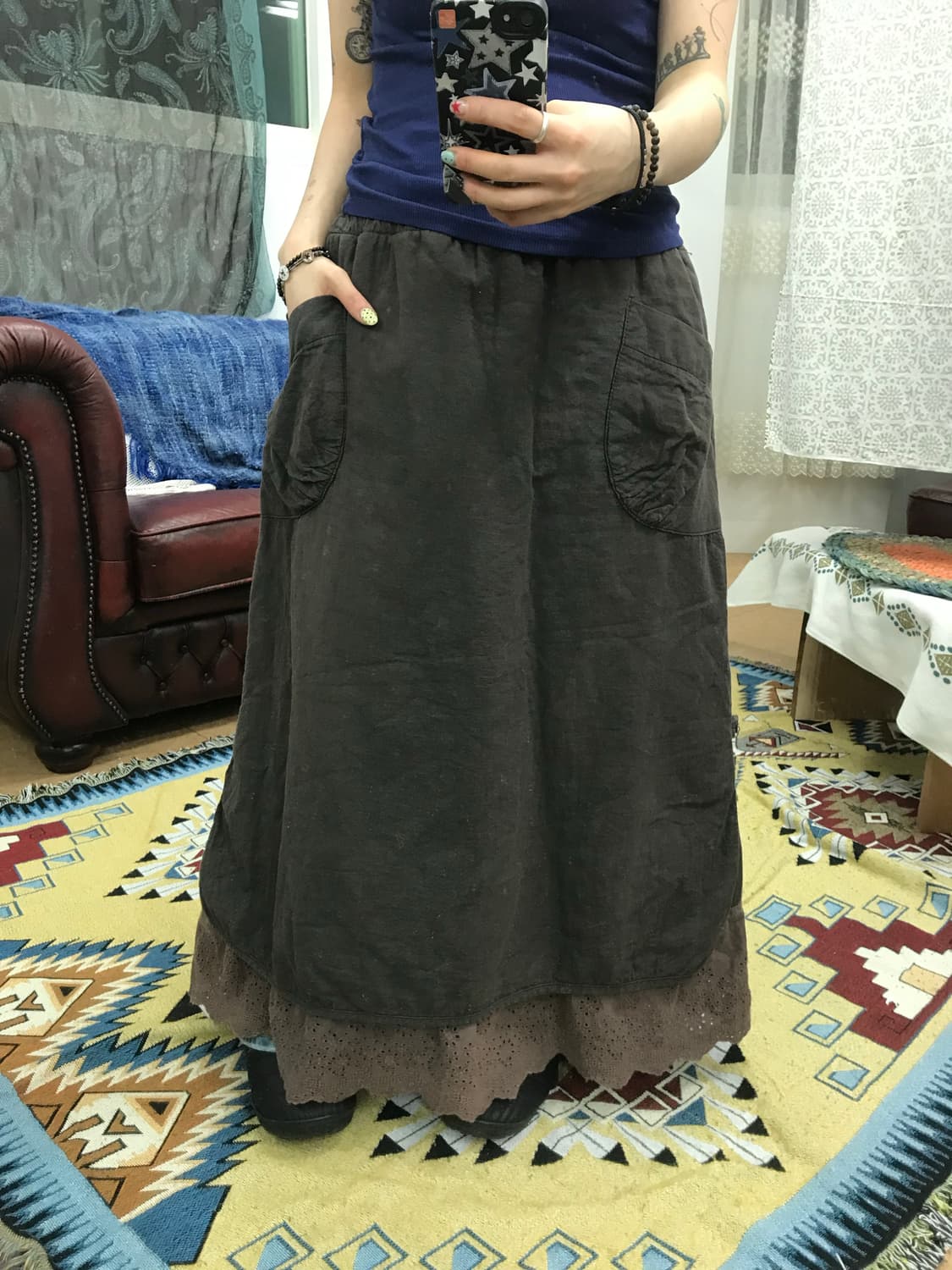 빈티지 여성 밴딩 투포켓 롱 스커트 상품이미지1