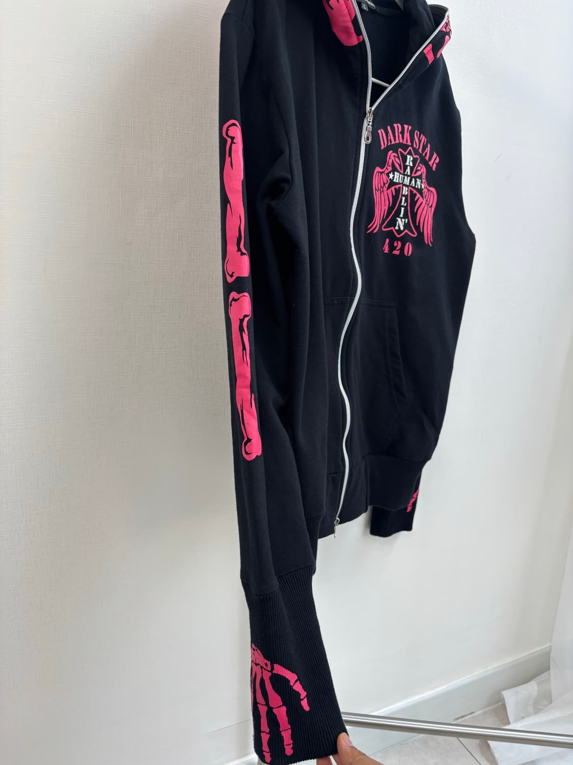 dangerous warning 핫핑크 갸루 펑크 스켈레톤 후드집업 상품이미지4