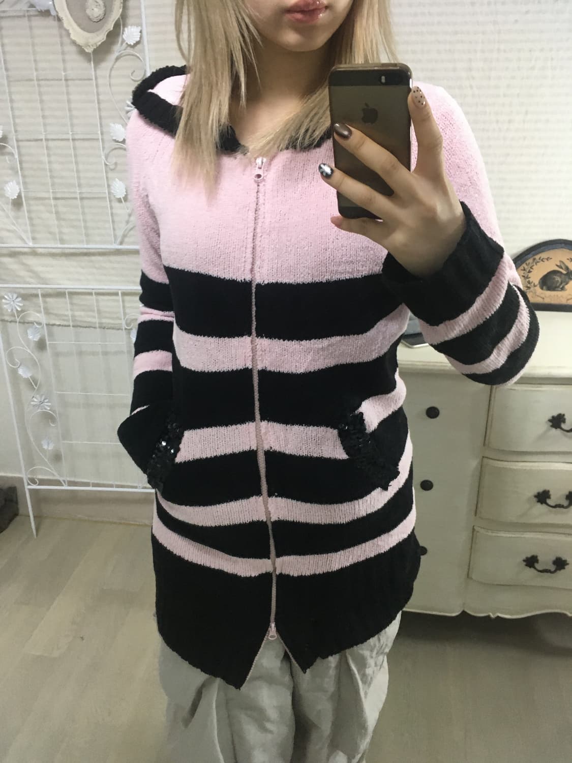 리즈리사 돌 핑크 블랙 스트라이프 후드 집업 상품이미지3