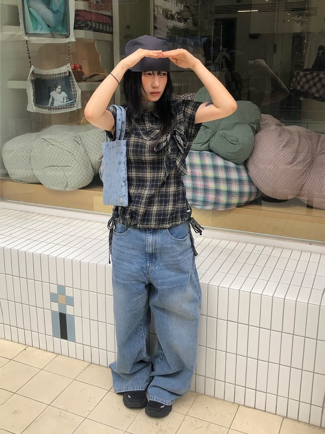 코이세이오 보우 블라우스 체크 상품이미지2
