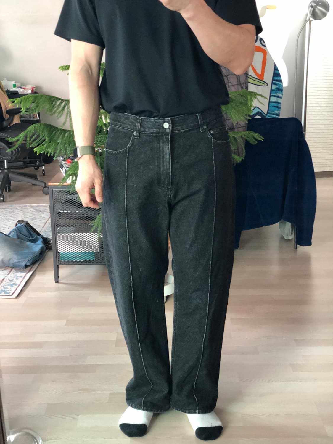 유니폼 브릿지 원턱 포인트 블랙 일자 데님 청바지 블랙진 상품이미지3