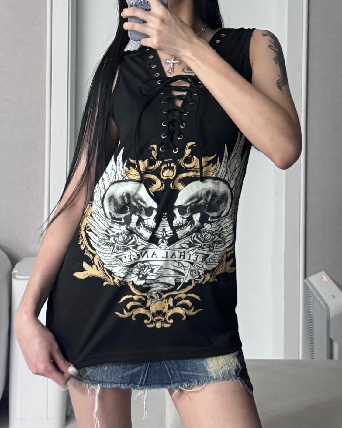 ༒ Skull print eyelet sleeveless 상품이미지4