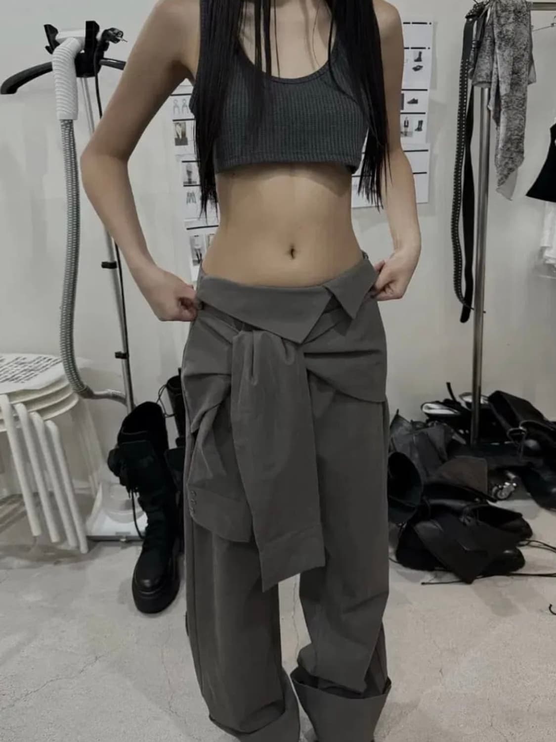 보헤미안서울 턴업 와이드 셔츠팬츠 카키그레이 상품이미지2