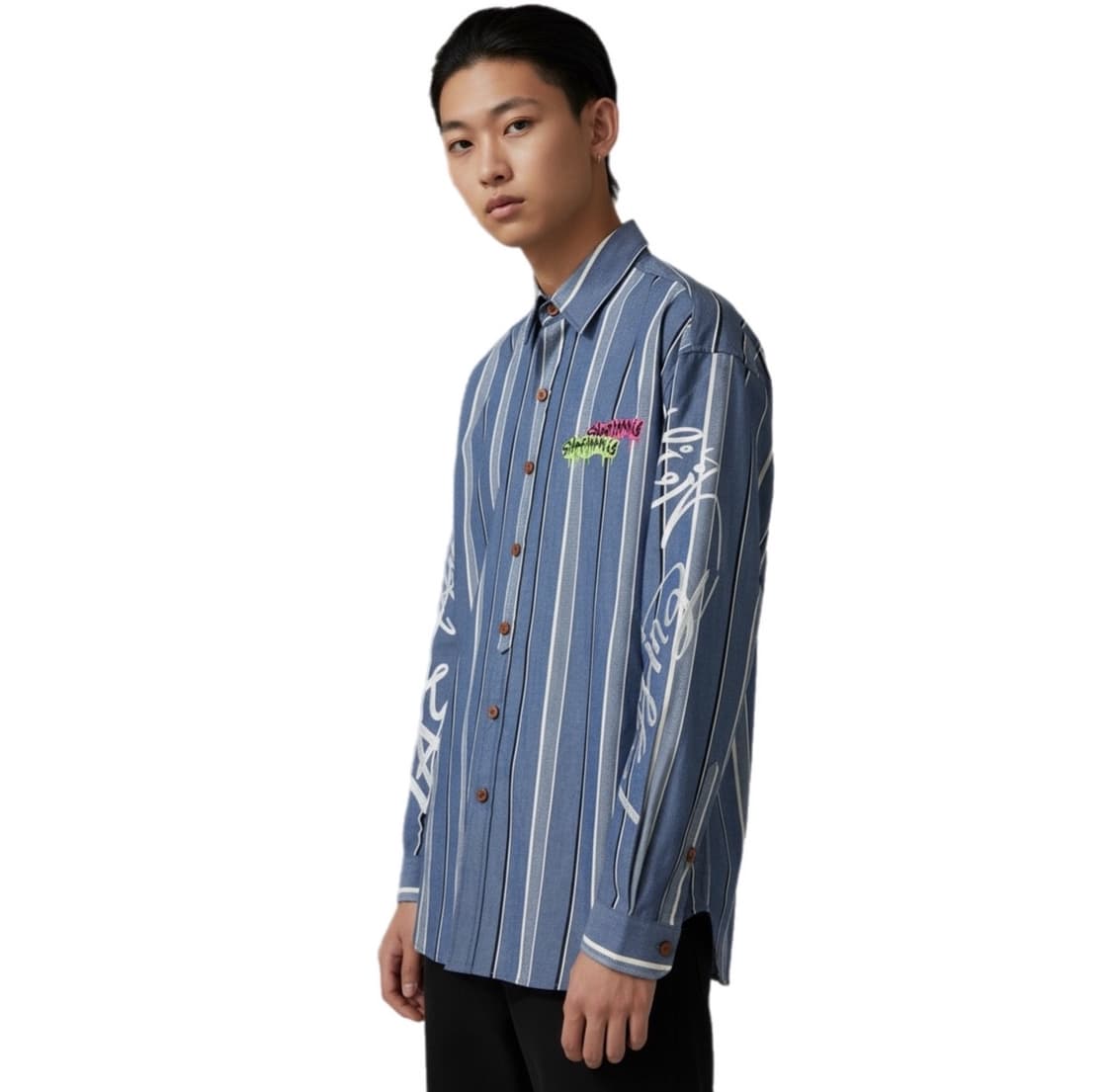 만지 그라피티 로고 자수 스트라이프 긴팔셔츠 상품이미지1