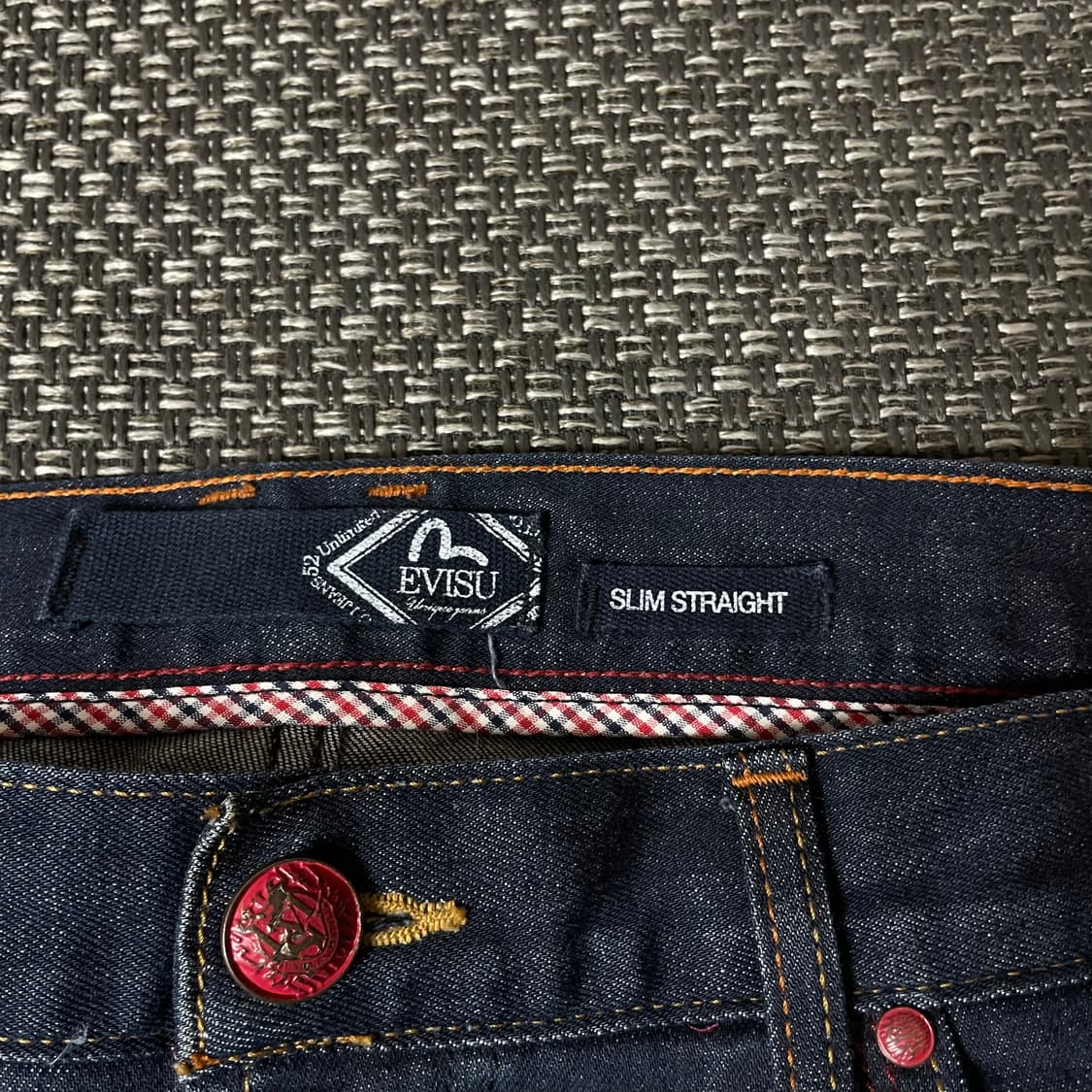 (36) 에비수 진청 레드 스티치 워싱 데님 팬츠 슬림 스트레이트 핏 상품이미지4