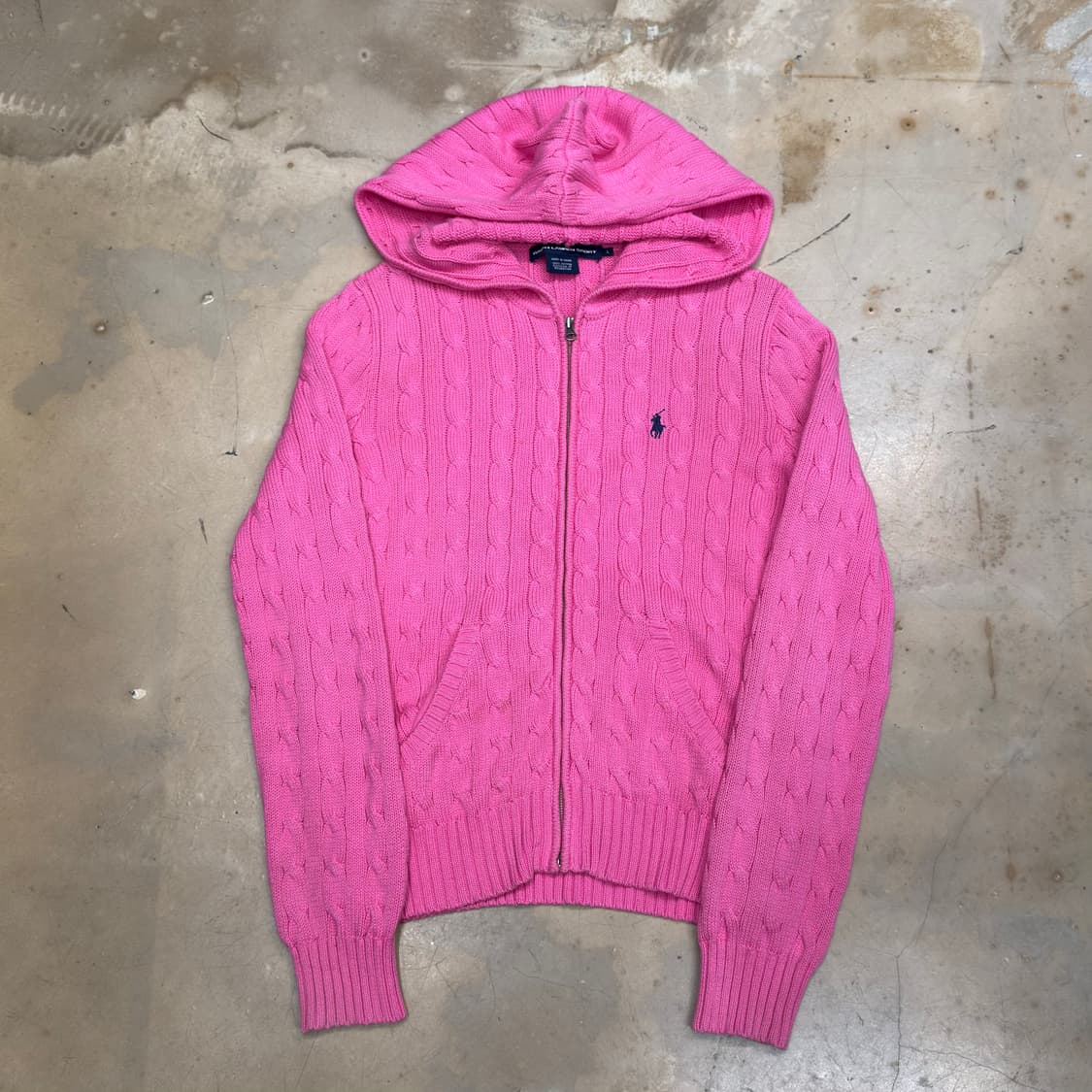 L 폴로랄프로렌 여성용 핑크 케이블 후드 니트 집업 상품이미지2