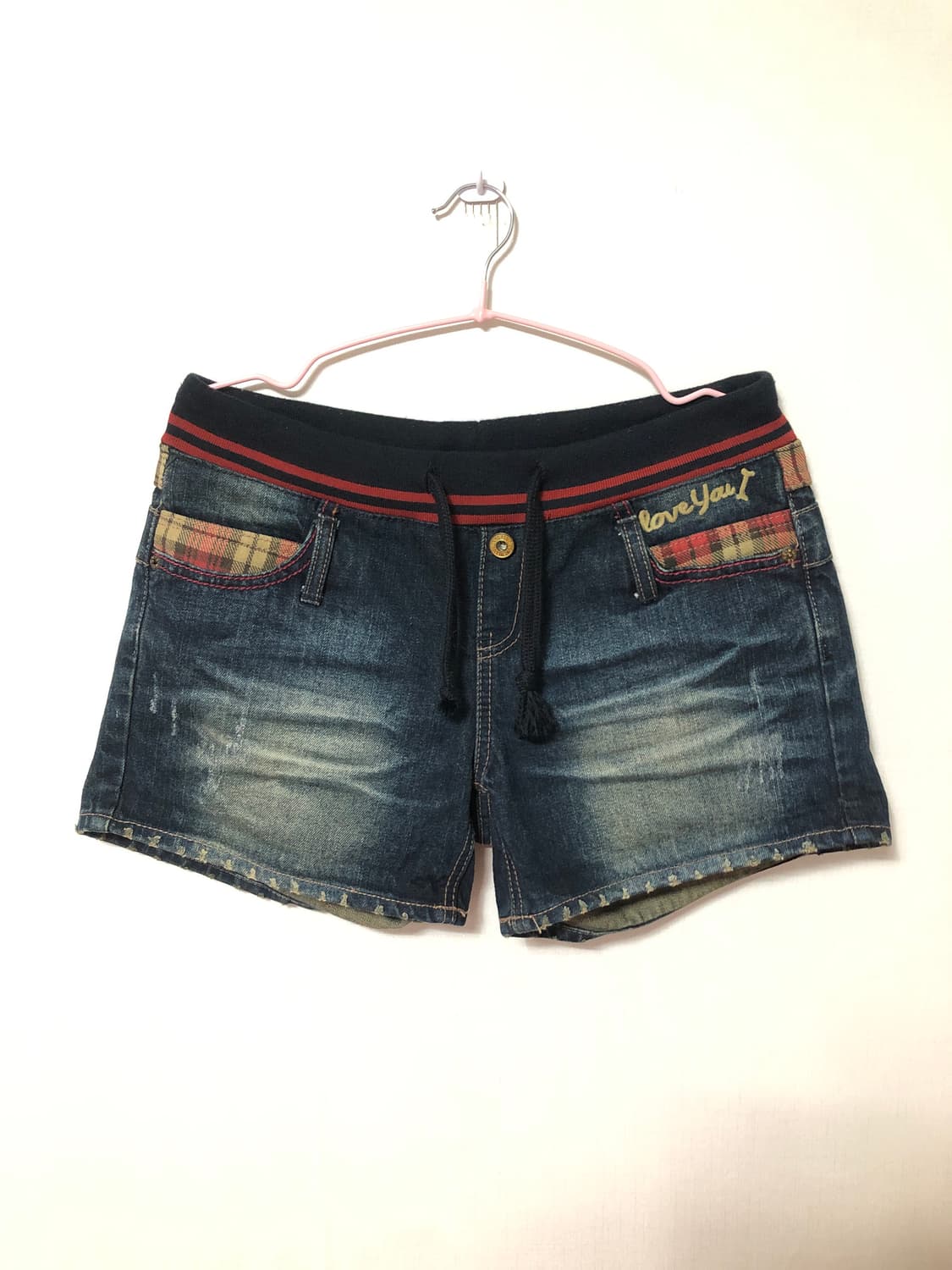 Red Check Pointed Denim Shorts 상품이미지1