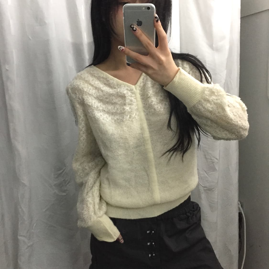 JPN Vintage 모리걸 히메갸루 글리터 레이스 브이넥 니트 상품이미지1