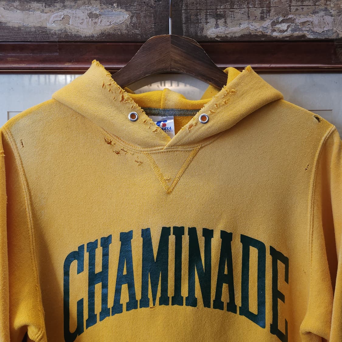 90s 러셀 후드 빈티지 스웻셔츠 썬페이딩 옐로우 프린팅 s 상품이미지3