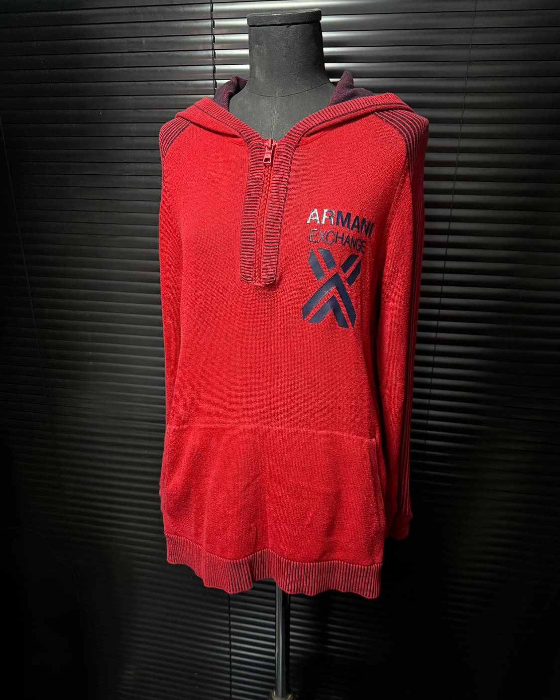 아르마니 익스체인지 알마니 레드 빨강 후드 반집업 골지 니트 고스 펑크 상품이미지1