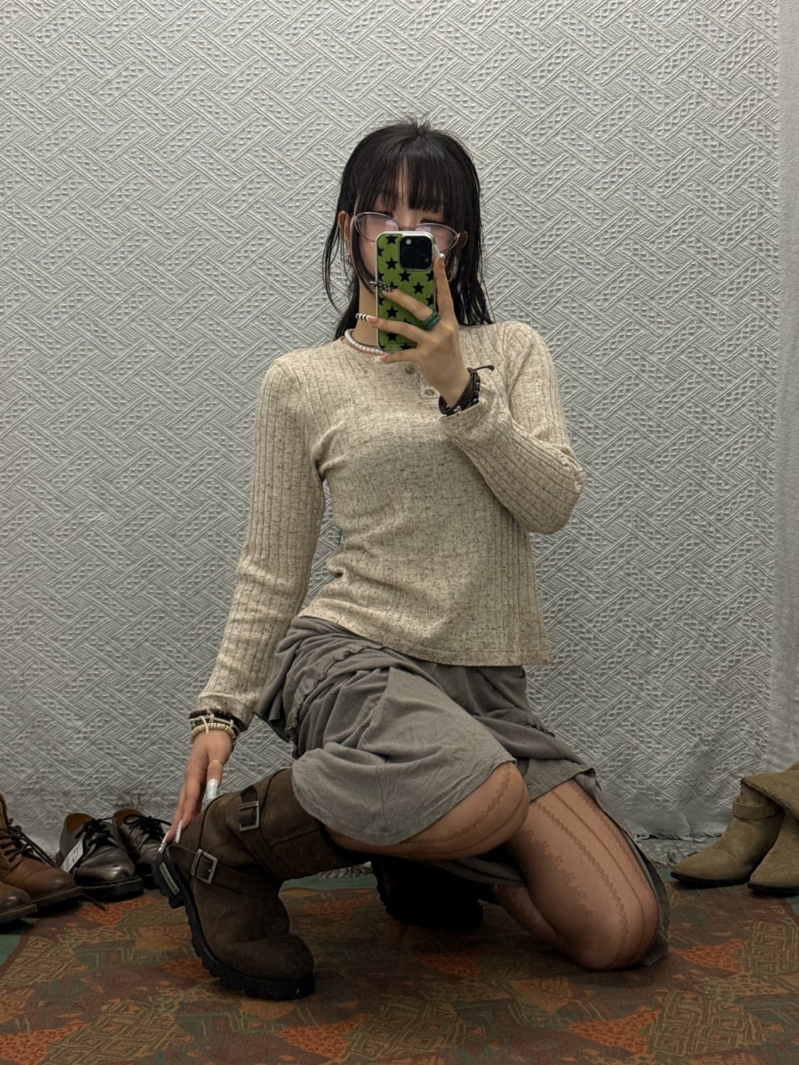 빈티지 코지룩 오트밀 반버튼 딱붙핏 긴팔 롱슬리브 K0044 상품이미지2