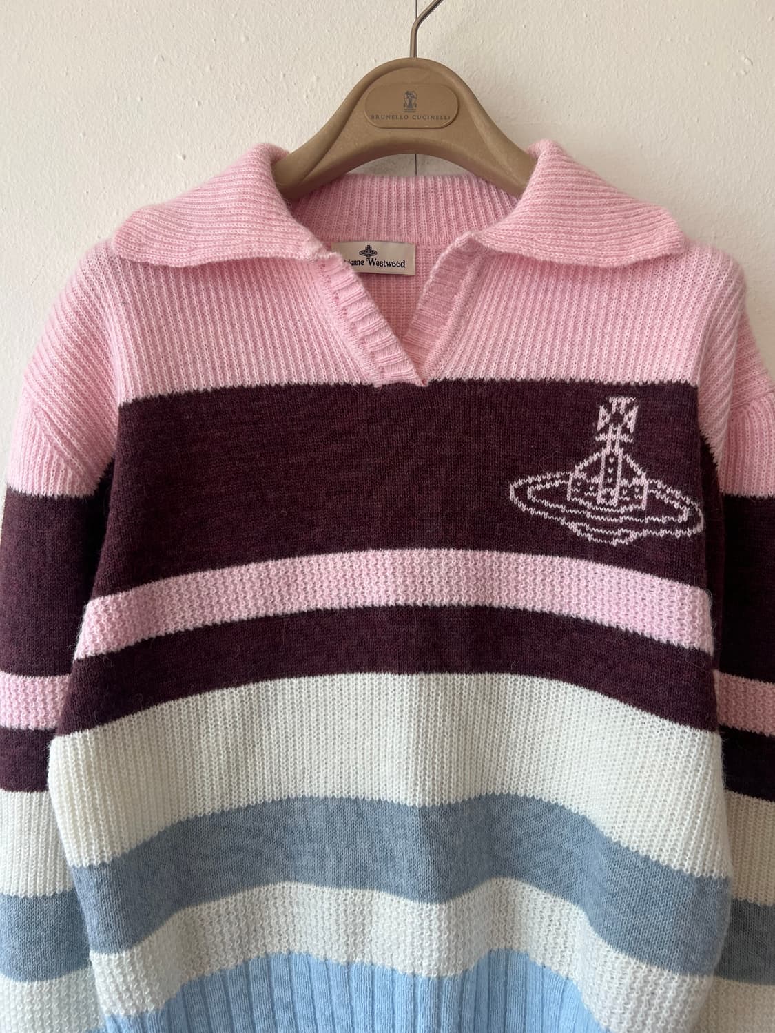 비비안 여성 핑크 스트라이프울니트 오픈카라니트  상품이미지1