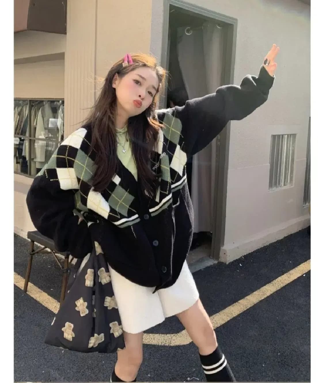 빈티지아가일니트집업가디건아방박시보이핏브이넥체크오버핏모리걸니트스웨터자켓 상품이미지2