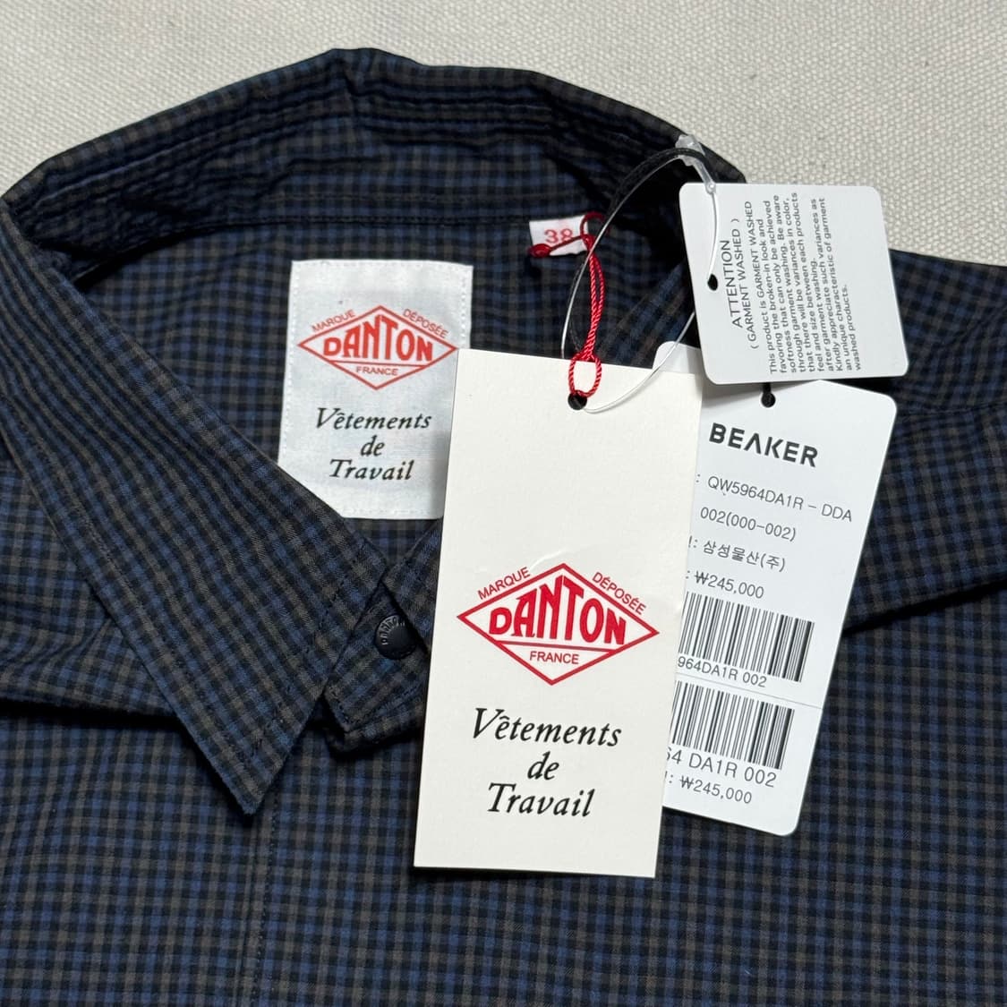 38 새상품 단톤 체스트 패치 로고 체크 워크 셔츠 상품이미지4