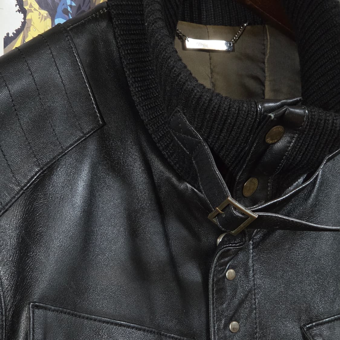 빈티지 양가죽 니트 배색 넥버클 블랙 누빔 자켓 상품이미지3