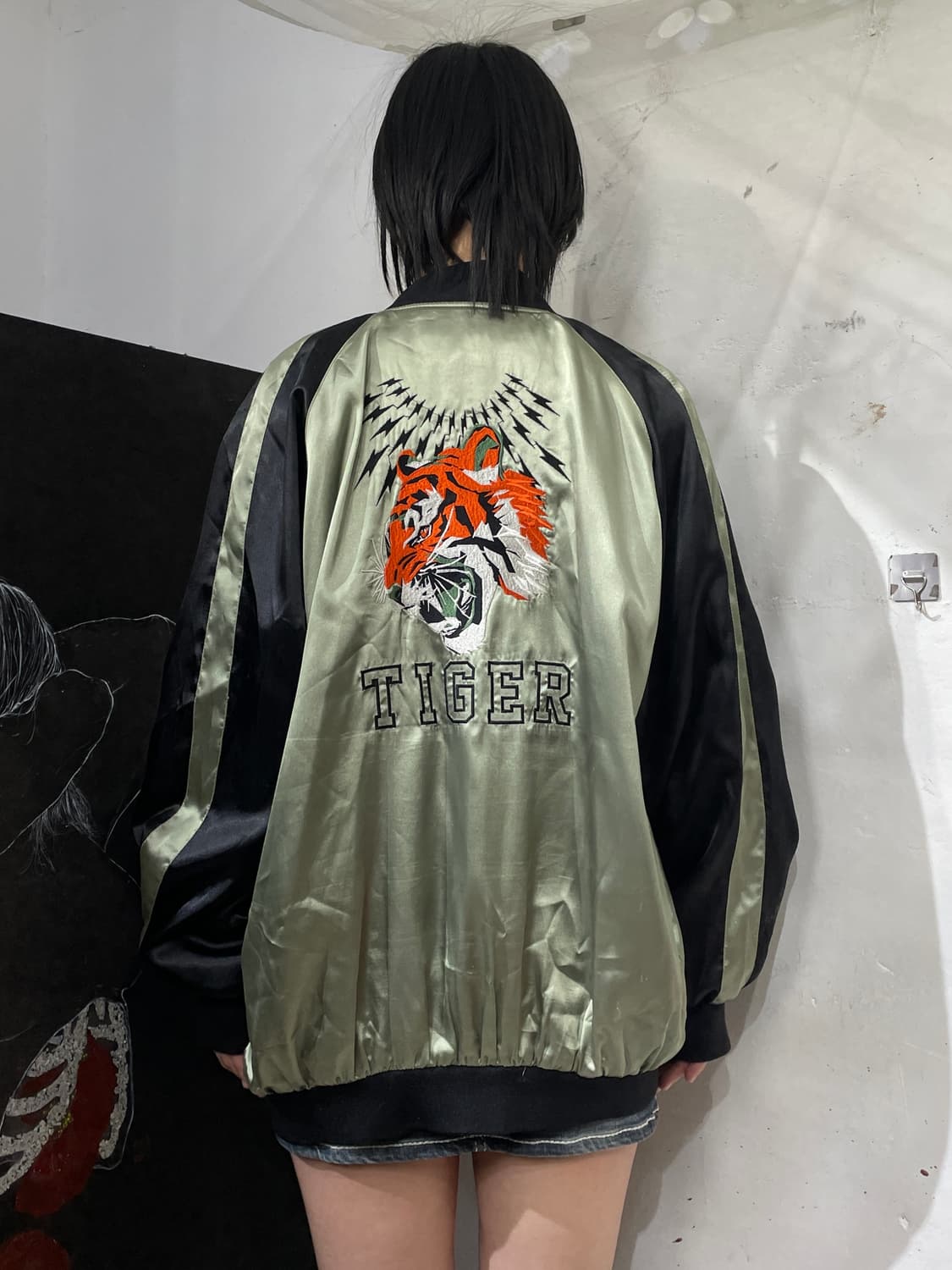 일본빈티지 사틴 호랑이 자수 스카잔 오리엔탈 스카쟌 3XL 상품이미지5