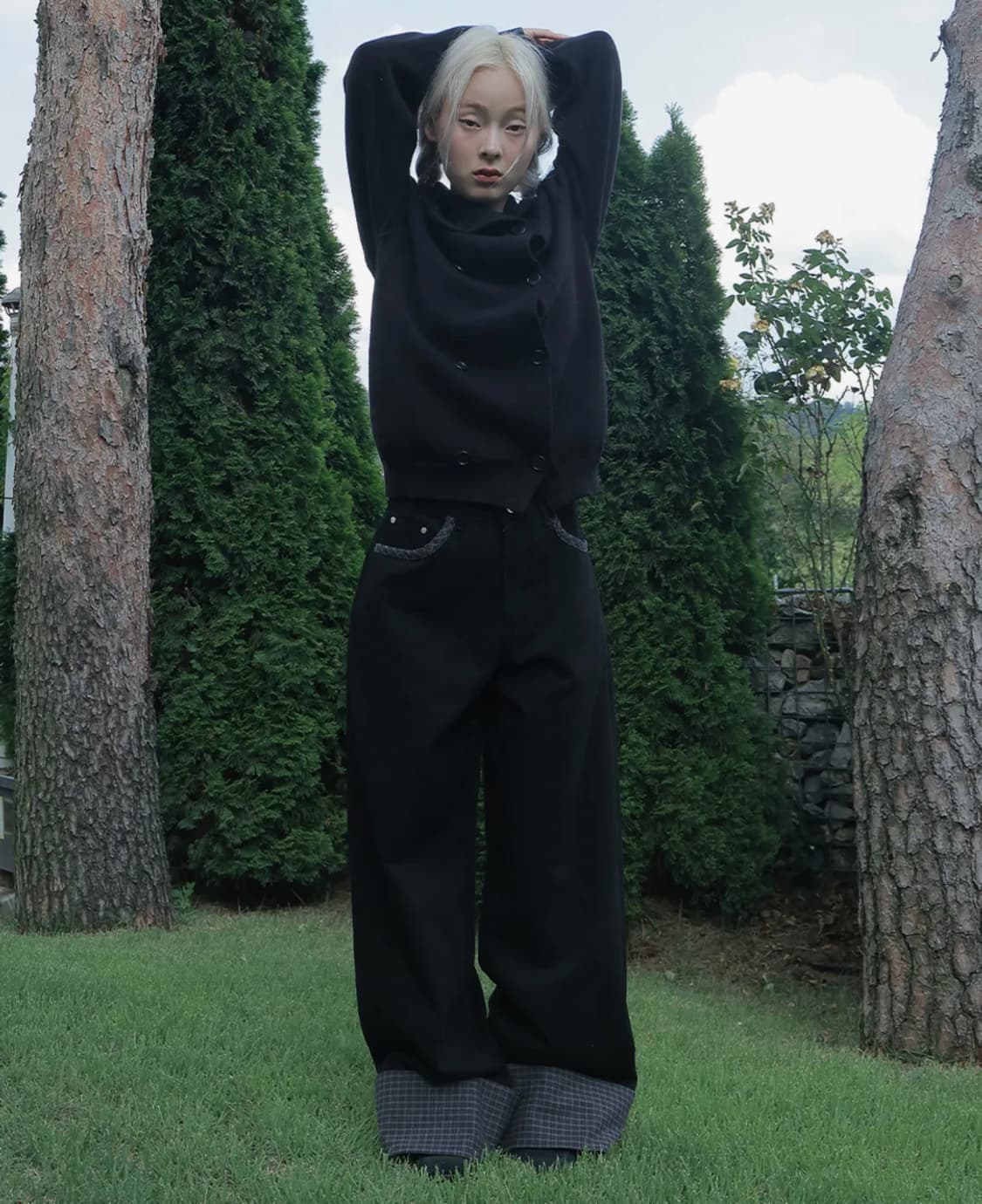 오피쉬 체크 롤업 코튼팬츠 블랙 상품이미지1