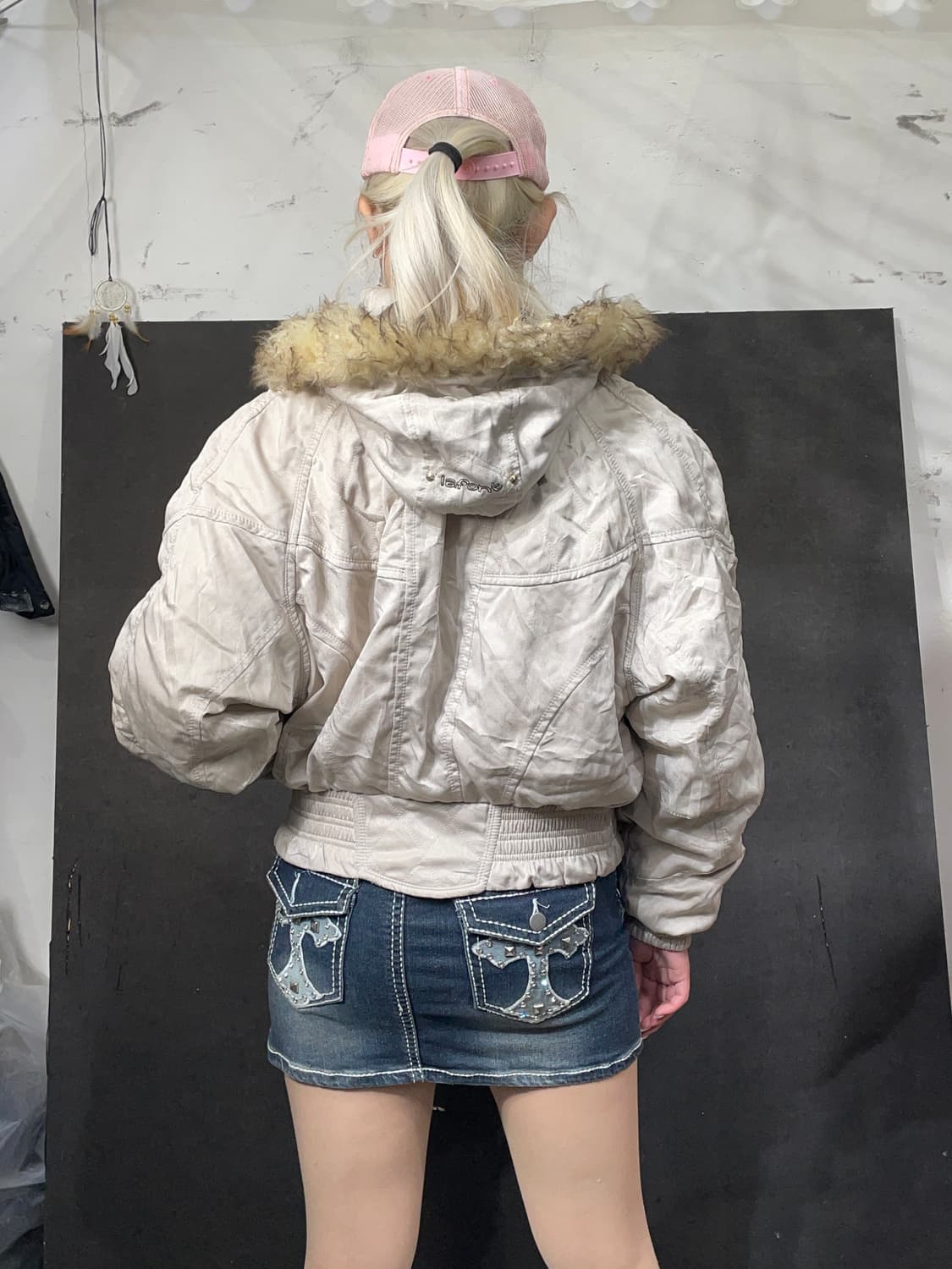 일본빈티지 울프죠 퍼 후드 자켓 크롭 패딩 L 상품이미지5