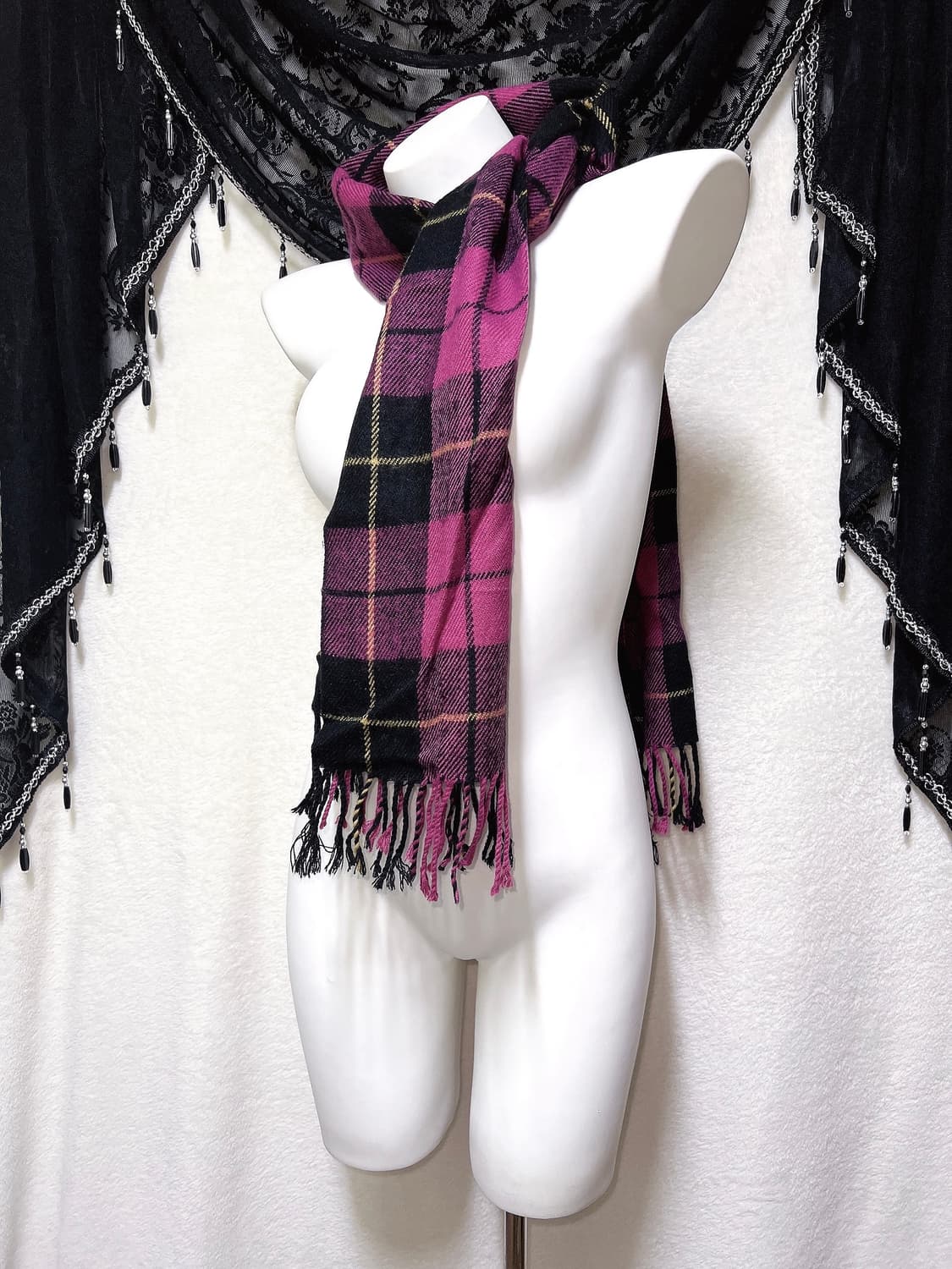 헤이세이 갸루 캐캐체 키치 펑크 y2k 마젠타 체크 패턴 머플러 목도리 상품이미지4