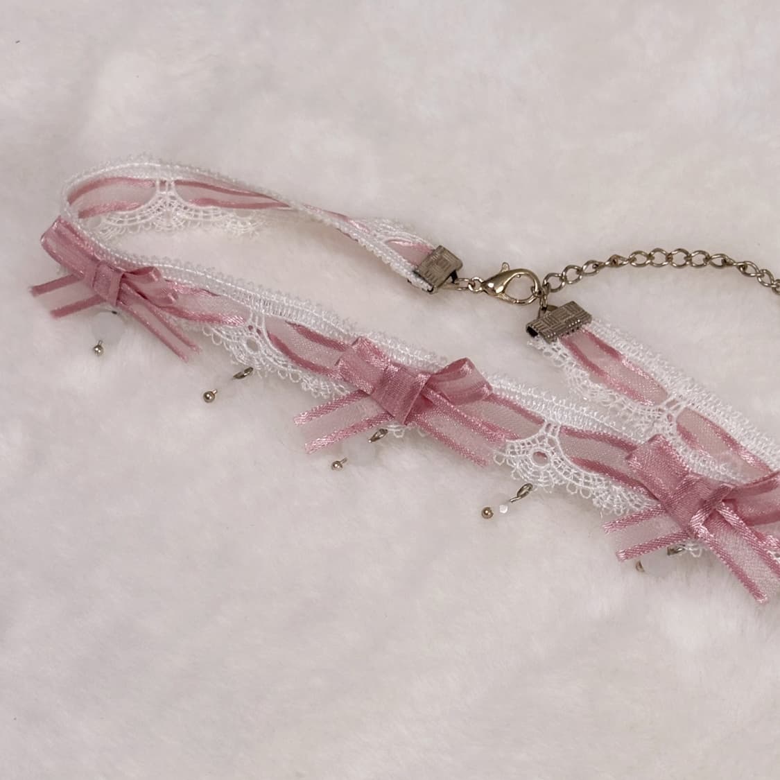 (이체시에눌) 일본 핑크 리본 히메갸루 레이어드 비즈 드롭 초커 목걸이 상품이미지3