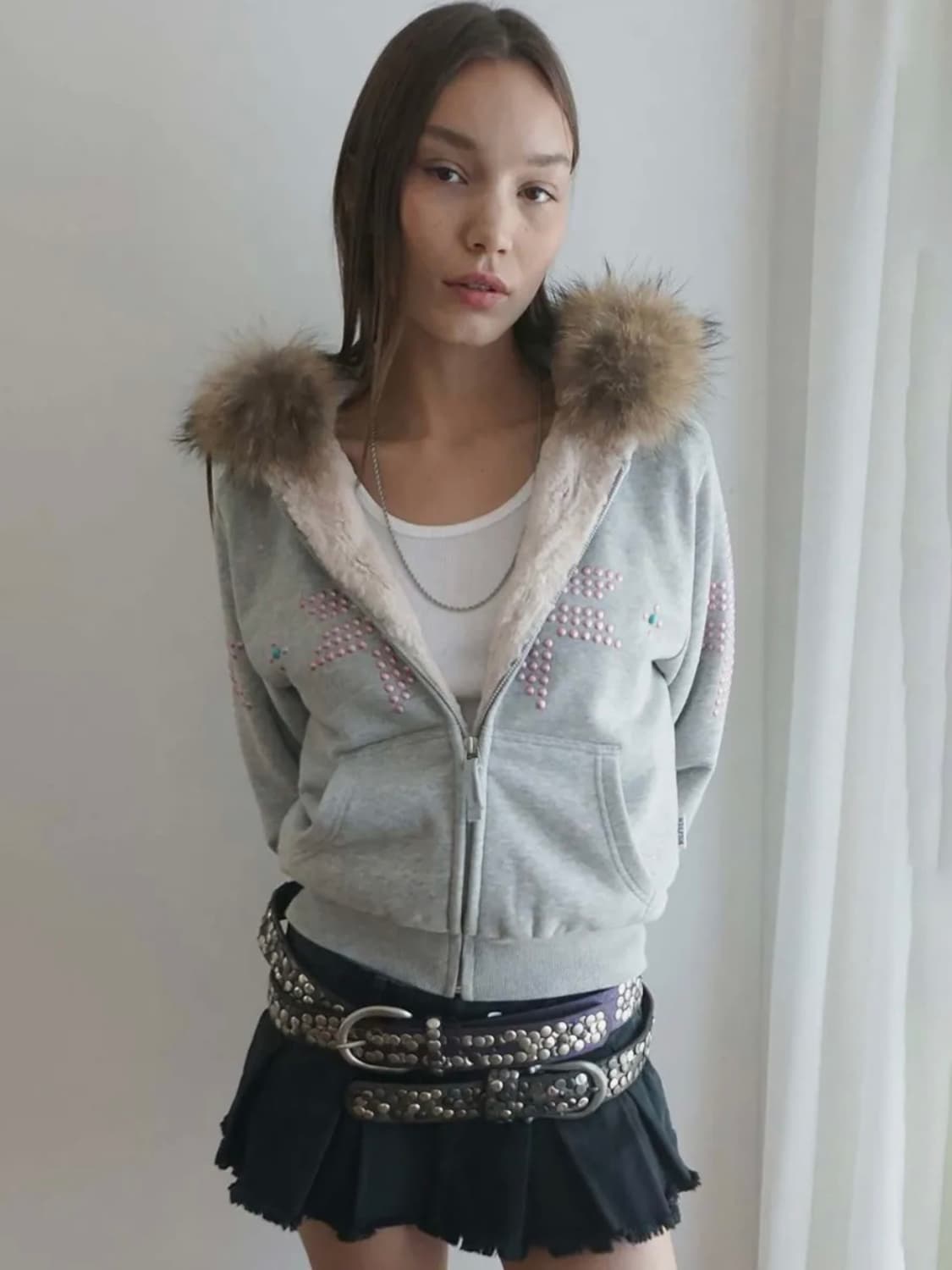 스컬프터 Fur Hooded Zip-Up Melange gray M 상품이미지2