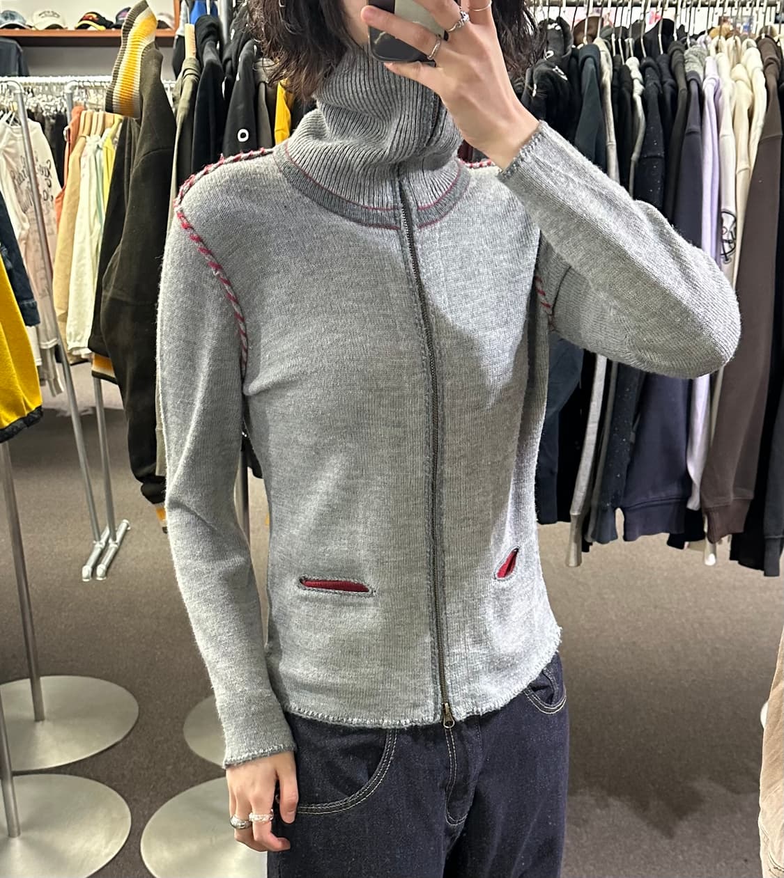 OS)Japanese vintage 여성 배색 디테일 풀집업 니트 상품이미지2