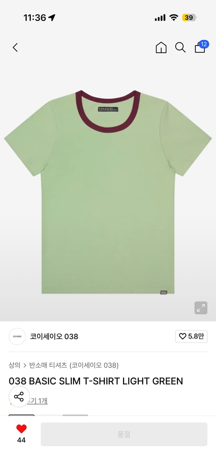 coyseio 038 베이직 슬림 티셔츠 LIGHT GREEN 상품이미지1