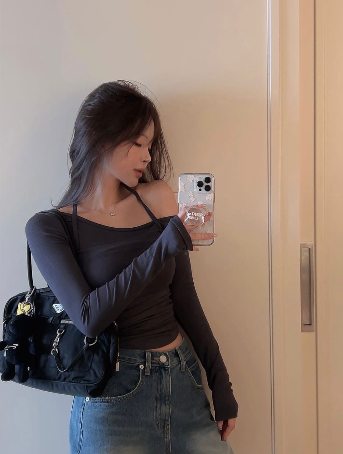 새상품) 히프나틱 홀터 나시 언발 긴팔티 세트 차콜 상품이미지1