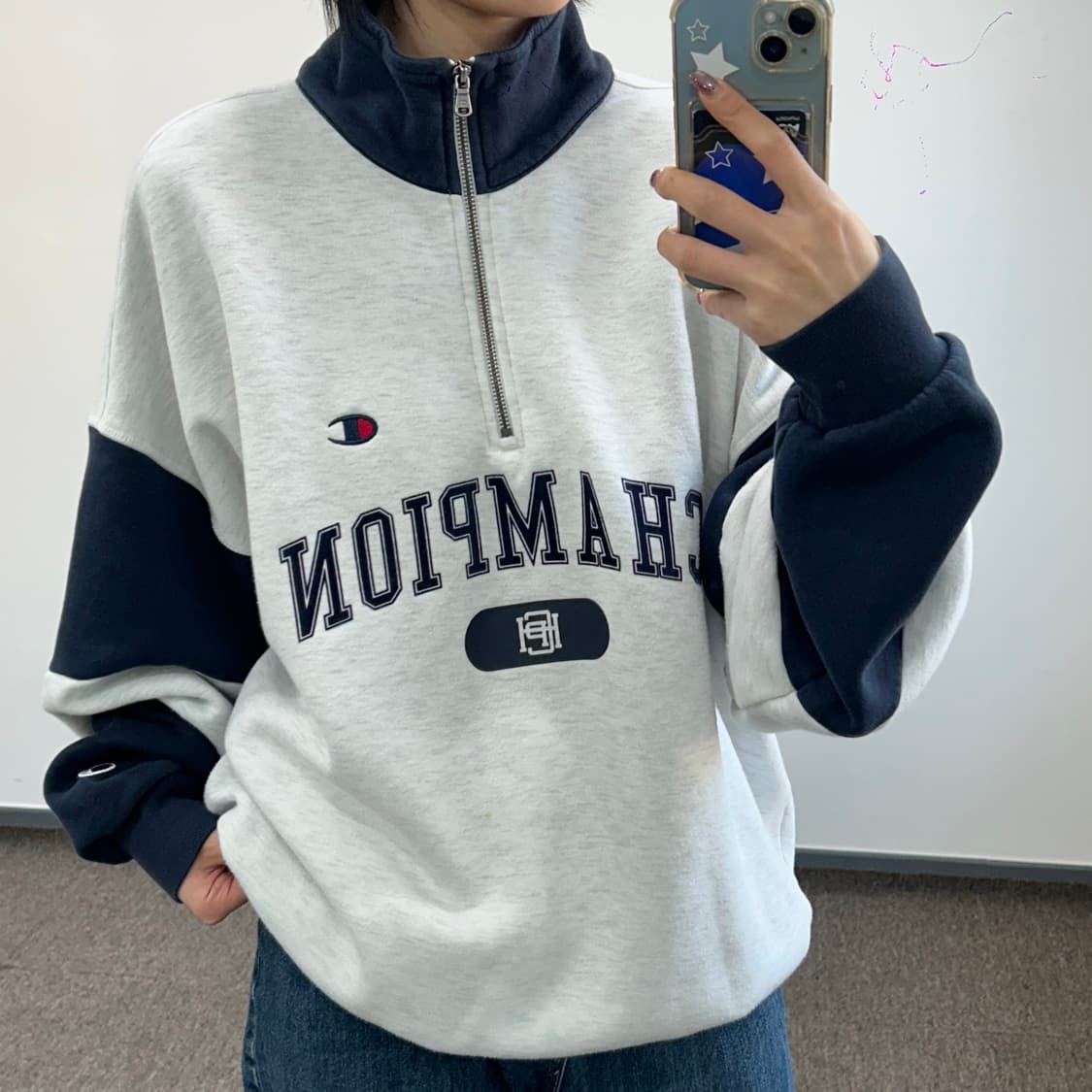 Champion 챔피온 네이비 멜란지 배색 반집업 상품이미지1