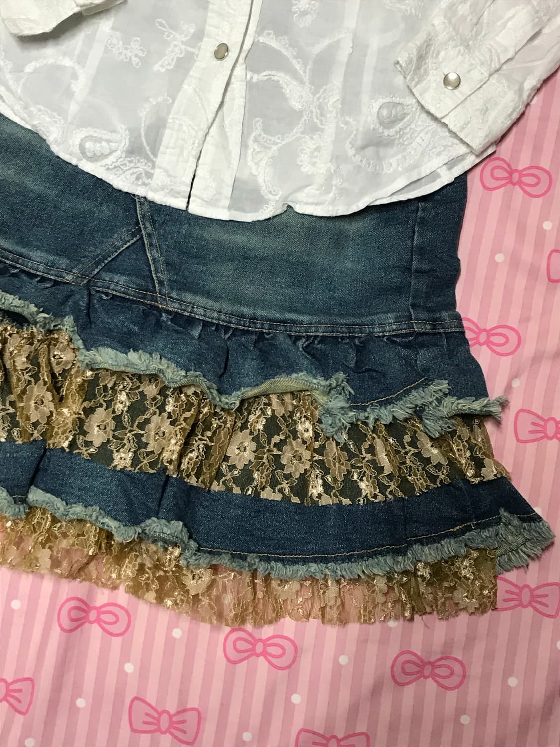 중청 데님 레이스 레이어드 미디치마 갸루 펑크 오네  상품이미지2