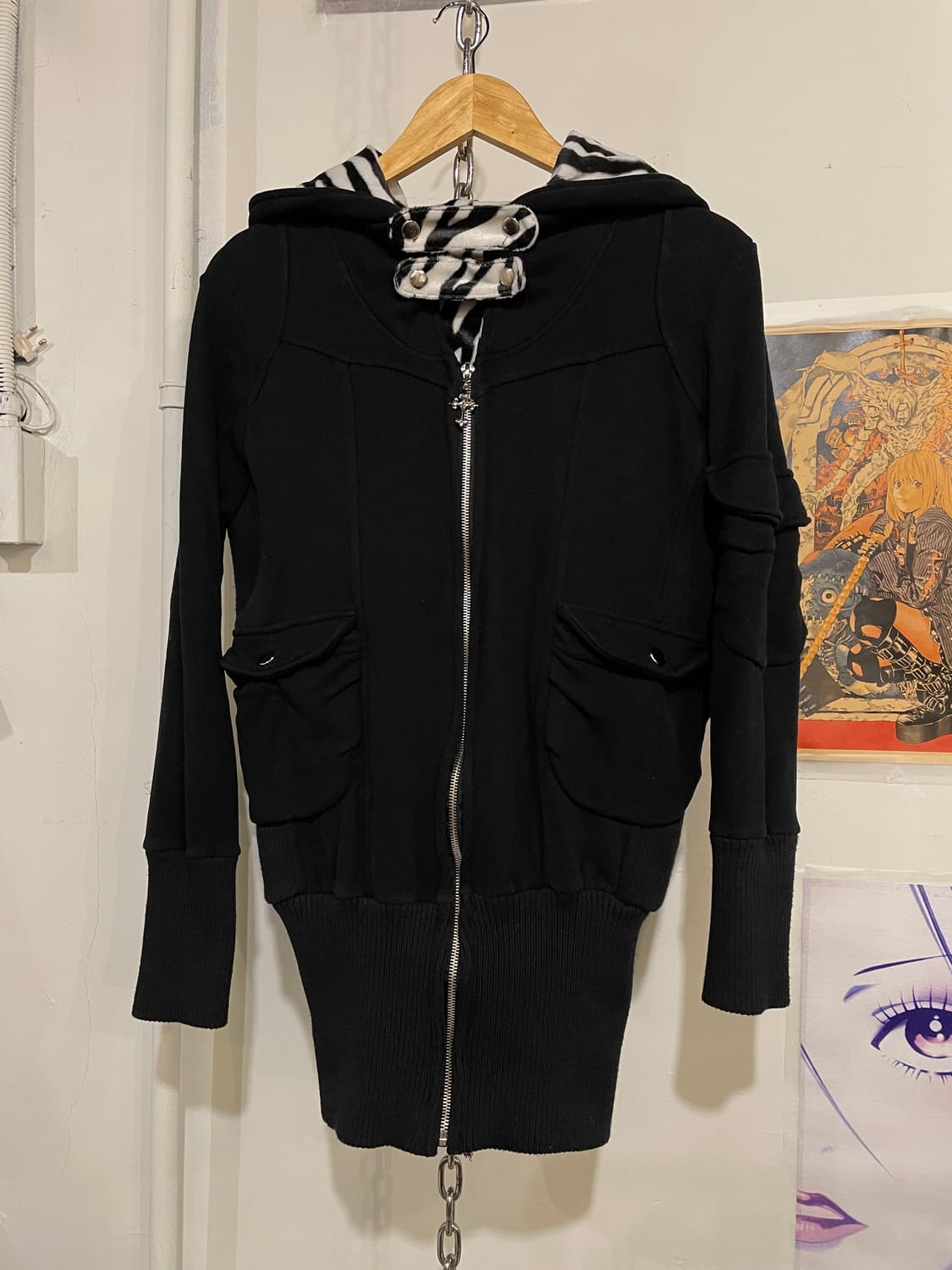 지브라 패턴 십자가 블랙 후드집업 갸루 펑크 y2k 상품이미지2