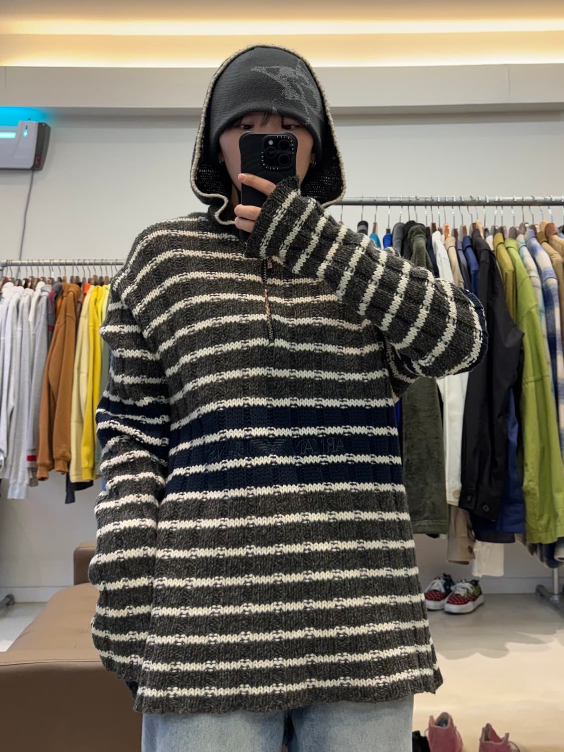 알마니진스 스트라이프 하프집업 후드 니트 상품이미지6