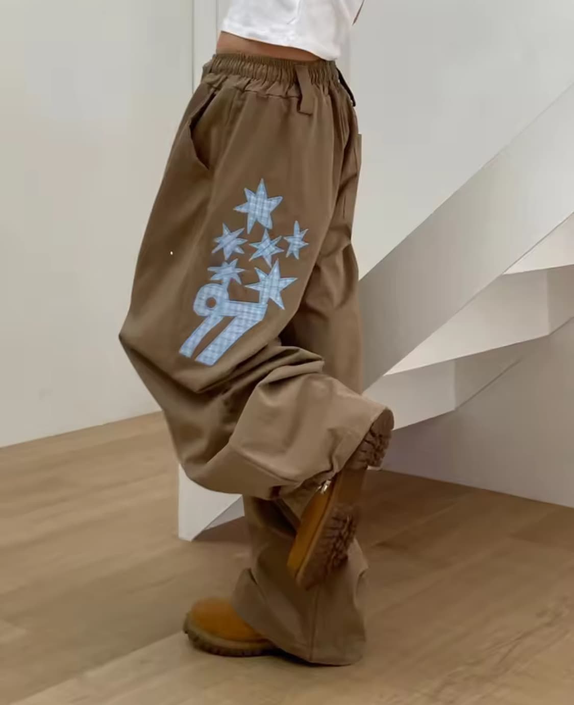 브라운 자수 패치 밴딩 와이드팬츠 상품이미지2