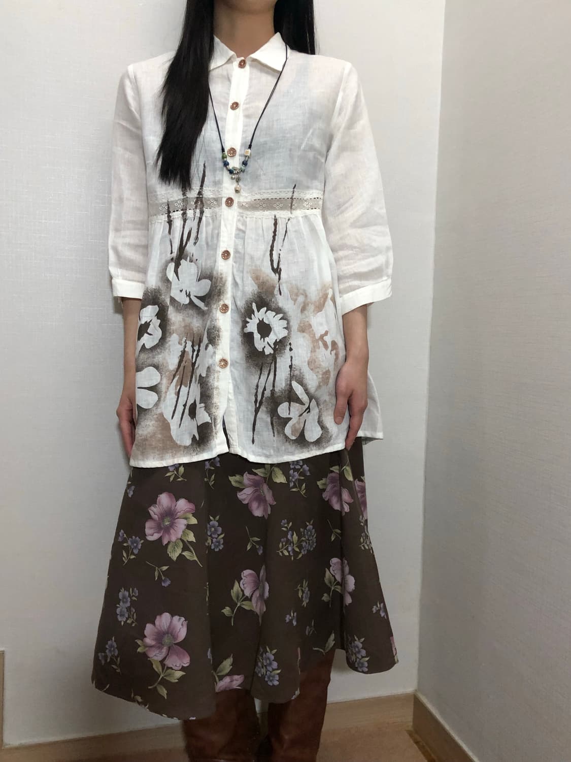 빈티지 브라운 플라워 미디 스커트 상품이미지3