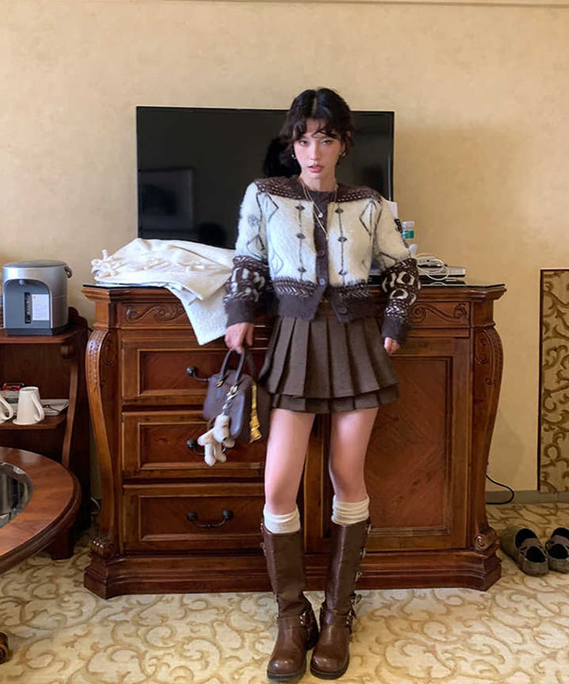 DULA 울 브라운 더블 플리츠 미니스커트 상품이미지3