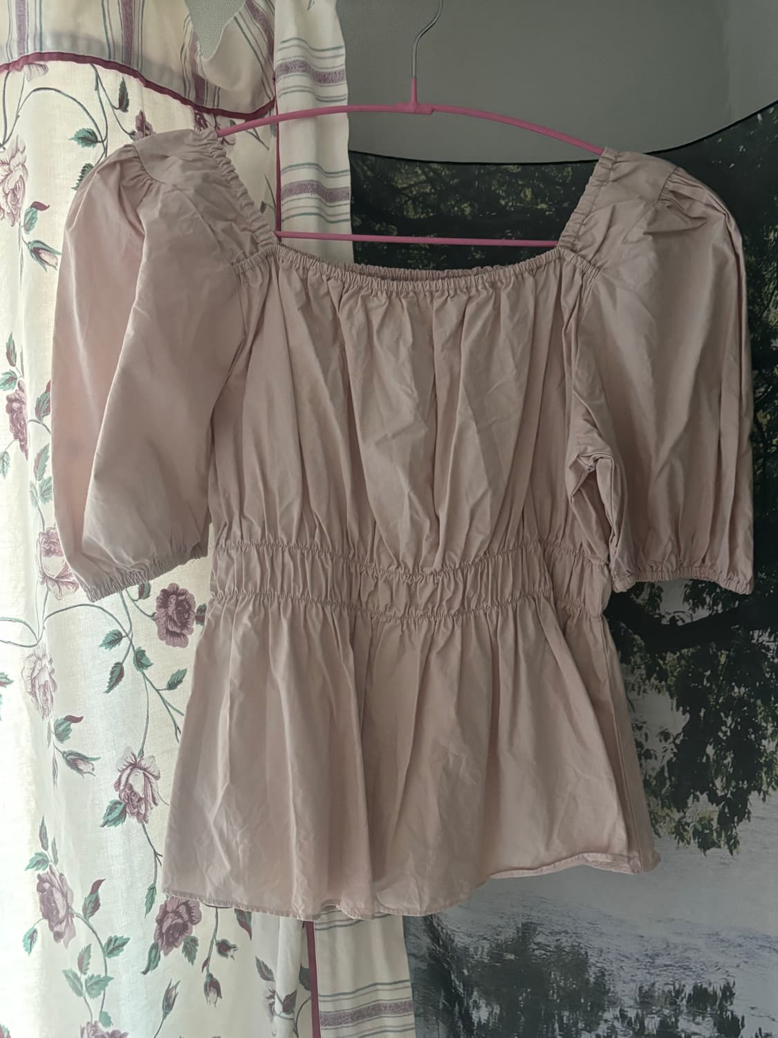 퍼프 블라우스 스모크 허리 인디핑크 빈티지 모리걸 상품이미지1