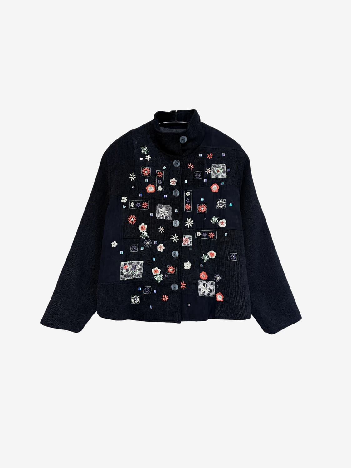 Floral Patchwork Knit Blouson - Black 상품이미지4