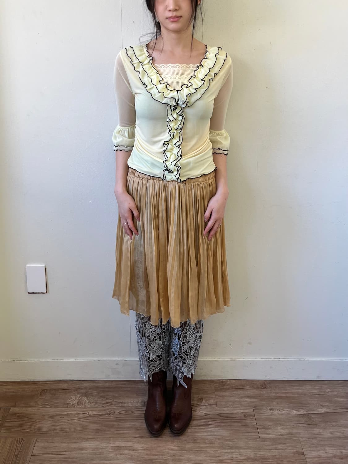 Japan vtg 엘로우 프릴 탑 상품이미지8