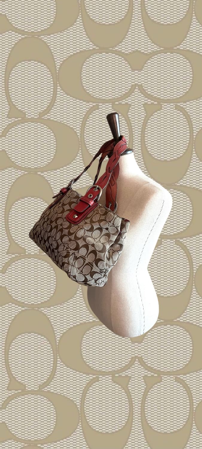 90s coach 코치 자카드 브라운 캔버스 레드 레더 호보 숄더백 상품이미지3